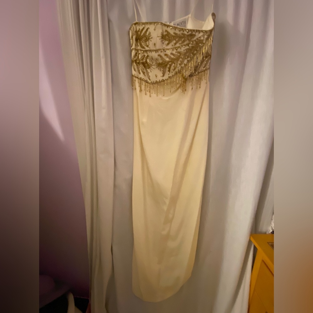 Grecian Style Strapless Cream Evening Gown with Gold beading
